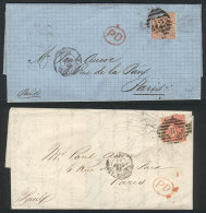 2 Entire Letters Sent To Paris In 1863 And 1864 Franked With 4p. (in Both Cases, The Stamps Are Damaged), Very... - Autres & Non Classés