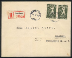 Registered Cover Franked By Sc.NB1 In Pair, Sent From Äänislinna To Helsinki On 1/MAR/1943, VF Quality! - Autres & Non Classés