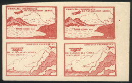 Yvert 11, 10c. Carminish Red (airplane And Mountains), Block Of 4 Of The 2 Different Cinderellas, Mint No Gum As... - Colombie