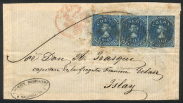 Front Of A Folded Cover Franked With 30c. (strip Of 3 Colombus 10c. Blue, Yvert 6, Inverted Watermark), With... - Chili