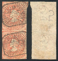 Sc.14, 1865 5c. Red, Santiago Printing, Vertical Pair With Interesting Mute Octagonal Cancel, Very Attractive! - Chili