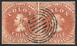 Sc.3, 1854 5c. Colombus, Printed In Santiago By Desmadryl, Beautiful Pair With 3 Wide Margins And The Right One... - Chili