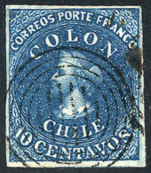 Sc.2, 1853 Colombus 10c. Dark Blue, London Printing, Immense Margins, Tiny Thin On Back (barely Visible), Superb... - Chile