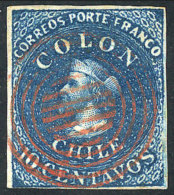 Sc.2, 1853 Colombus 10c. Dark Blue, London Printing, Used With Red Cancel, Left Sheet Margin (and Vertical Line... - Chili