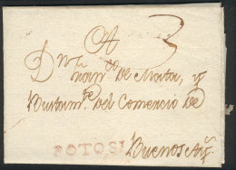 26/MAR/1894 POTOSI - Buenos Aires: Entire Letter Of Excellent Quality, With Straightline POTOSI Mark In Red And "3"... - Bolivië