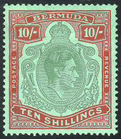 Sc.126b, 1939 George VI 10S. Red And Green On Green Paper, Perf 14, Mint Lightly Hinged, Fine Quality, Catalog... - Bermudes