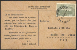 Commercial Card Franked By GJ.855 ALONE, Sent From San Nicolás To 9 De Julio On 12/AU/1942, Reduced Rate For... - Autres & Non Classés