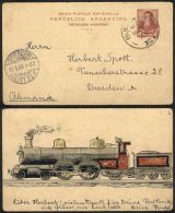 6c. Rivadavia Postal Card With Beautiful And Unusual Private Illustration On Reverse Of A TRAIN ENGINE, Sent To... - Entiers Postaux