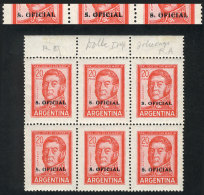 GJ.755, 20P. San Martín With Sun Watermark, Block Of 6, 5 Examples With Unlisted DOUBLE OVERPRINT Variety,... - Service