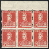 GJ.629d, 1927 5c. San Martín With AP Watermark, Block Of 6, ONE WITH PERIOD (top Left Stamp), Superb! - Sonstige & Ohne Zuordnung