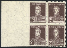 GJ.576, 1924 San Martín With Period 2c., Block Of 4, The Left Pair IMPERFORATE, Very Fine Quality, Rare! - Other & Unclassified