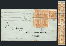 GJ.276, 1908 1c. San Martín In Oval, Block Of 5 With DOUBLE VERTICAL PERFORATION Variety, Franking A Cover... - Other & Unclassified