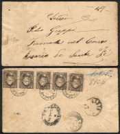 GJ.101, Strip Of 5 Franking A Cover Sent From BARADERO To Rosario On 30/AU/1892, With Interesting Cancels, Rare! - Other & Unclassified