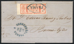 GJ.1, Vertical Pair Of 5c. Red Franking An Entire Letter Sent To Buenos Aires On 25/AP/1860, Double Ogive FRANCA... - Lettres & Documents