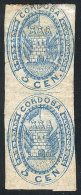 GJ.1, 5c. Blue, Vertical Pair With Defects, Good Appearance, Catalog Value US$300, Good Opportunity! - Cordoba (1858-1860)