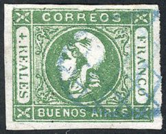 GJ.16, 4R. Green, With "top Frame Line Broken, Over RE Of CORREOS" Variety, With Blue Grid Cancel Of Buenos Aires,... - Buenos Aires (1858-1864)