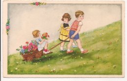L34A028 - Enfants Tirant Une Charette Remplie De Fleurs Et Une Jeune Enfant  - BEGRO N°9836 - Kinder-Zeichnungen