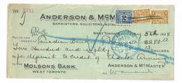 Molsons Bank West Toronto May 5, 1924 - Cheques & Traverler's Cheques