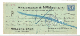 Molsons Bank West Toronto Jan 15, 1924 - Schecks  Und Reiseschecks