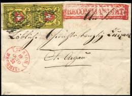 SUISSE 15 : 10Rp. Jaune, Noir Et Rouge, Rayon II, PAIRE Grandes Marges Obl. GRILLE S. LAC Rec., Càd Rouge ZURICH - Autres & Non Classés