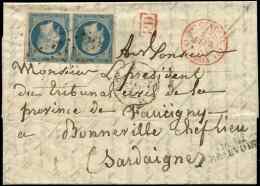 10   25c. Bleu, PAIRE Obl. GROS POINTS S. LAC, Càd ROUGE Bau CENTRAL 22/2/54, Arr. Càd Sarde BONNEVILLE 25 - Other & Unclassified