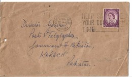 Great Britain Airmail 1953 Queen Elizabeth II Wilding 3d Deep Lilac Definitive Postal History Cover Sent To Pakistan. - Brieven En Documenten