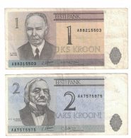 Estonia Lot Of 2 Banknotes Currency, #69 1 Kroon 1992, #70 2 Krooni 1992 Issue - Estland
