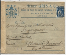 1915 - ENVELOPPE CENSUREE De LISBONNE (PORTUGAL) Pour CLERMONT - FABRICATION VIGNETTE PATRIOTIQUE PUB PNEUS BERGOUGNAN - Cartas & Documentos