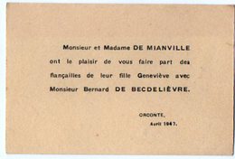 VP6557 - Faire Part De Fiançaille De Geneviève De MIANVILLE Avec Mr Bernard De BECDELIEVRE à ORCONTE - Fidanzamento