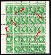FRANCE - N° 675 - 80c VERT MAZELIN - BLOC DE 25 AVEC VARIETES DIVERSES. - Unused Stamps