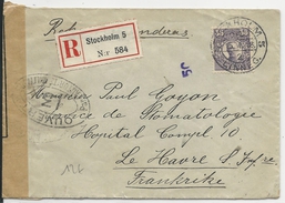 SUEDE - 1918 - ENVELOPPE RECOMMANDEE De STOCKHOLM Avec CENSURE FRANCAISE Pour LE HAVRE - Cartas & Documentos