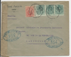 ESPAGNE - 1917 - ENVELOPPE De CADIZ Avec CENSURE FRANCAISE Pour MARSEILLE - Brieven En Documenten
