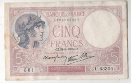 BILLET FRANCE 5 FRANCS VIOLET  TYPE 1917 MODIFIE GZ.28=9=1939 361 U.63304 - 5 F 1917-1940 ''Violet''