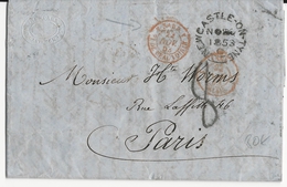 1853 - LETTRE De NEWCASTLE (GB) Avec ENTREE Par CALAIS + ENTREE SARDAIGNE Par PONT De BEAUVOISIN ???? Pour PARIS - Marques D'entrées