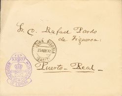 5 SOBRE 1892. MEDINA SIDONIA A PUERTO REAL. Circulada Con Franquicia KRTRO / HONORARIO / DR. THEBUSSEM / CORREOS / DE ES - Wohlfahrtsmarken