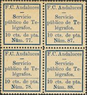 6(4) * 10 Cts Azul, Bloque De Cuatro. FERROCARRILES ANDALUCES. MAGNIFICO Y MUY RARO. - Télégraphe