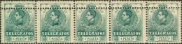 52(5) ** 1 Pts Verde, Tira De Cinco. DOBLE DENTADO EN LA PARTE SUPERIOR. MAGNIFICA Y RARA. - Télégraphe