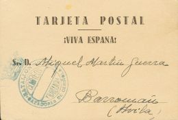 SOBRE 1938. Tarjeta Postal De LATRE (HUESCA) A BARROMAN (AVILA). Marca De Franquicia BATALLON / CAZADORES DE CERI&Ntilde - Emisiones Nacionalistas