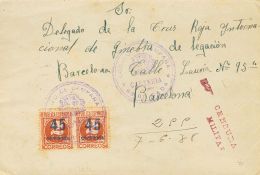 744(2) SOBRE 1938. 45 Cts Sobre 2 Cts Castaño, Dos Sellos. MENGIBAR (JAEN) A BARCELONA. Matasello CORREO DE CAMPA - Emisiones Nacionalistas