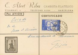 983 SOBRE 1944. 5 Pts Azul. Tarjeta Postal (Alert Riba Cambista Filatélico) De BARCELONA A GIJON. Al Dorso Llegad - Ungebraucht