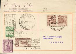 978(2) SOBRE 1944. 40 Cts Castaño, Pareja, 5 Cts Verde De Barcelona Y 5 Cts Benéfico. Certificado De BARCE - Ungebraucht