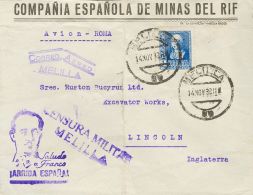 860 SOBRE 1938. 1 Pts Azul. Compañía Española De Minas Del Rif De MELILLA A LINCOLN (INGLATERRA). E - Ongebruikt