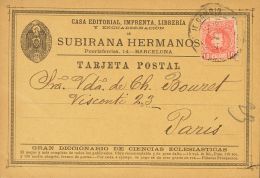 243 SOBRE 1901. 10 Cts Rojo. Tarjeta Postal De La Casa Comercial "Subirana Hermanos" De BARCELONA A PARIS (FRANCIA). MAG - Ungebraucht