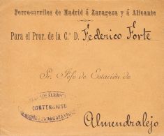 SOBRE 1898. MADRID A ALMENDRALEJO, Con El Membrete FERROCARRILES DE MADRID A ZARAGOZA Y A ALICANTE. En El Frente Marca D - Ungebraucht