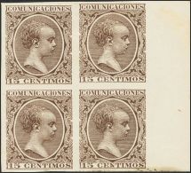 219P(4) (*) 15 Cts Castaño Negro, Bloque De Cuatro. ENSAYO DE COLOR SIN DENTAR. MAGNIFICO. (Gálvez 1489) - Unused Stamps