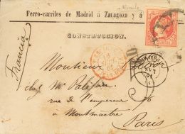 53 SOBRE 1861. 12 Cuartos Carmín. MADRID A PARIS (FRANCIA), Con El Membrete FERRO-CARRILES DE MADRID A ZARAGOZA Y - Nuevos