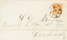 52F SOBRE 1862. 4 Cuartos Naranja FALSO POSTAL TIPO X. BARCELONA A SANTANDER. Matasello R.CARRETA Nº2, De Barcelona - Ungebraucht