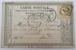 CARTE PRÉCURSEUR De ARRAS Pour LILLE Avec MARQUE BM Boite Mobile Affranchissement Type Cérès Octobre 1874 - Precursor Cards