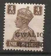 Br India King George VI, 4 An, Princely State Gwalior Overprint, Alizah Printing, Mint, Inde - Gwalior