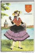 Carte Illustrée Languedoc, Au Pays Des Violettes - Femme, Costume Folklore Brodé, Jupe Tissu, Dentelle - Blason, Croix - Languedoc-Roussillon